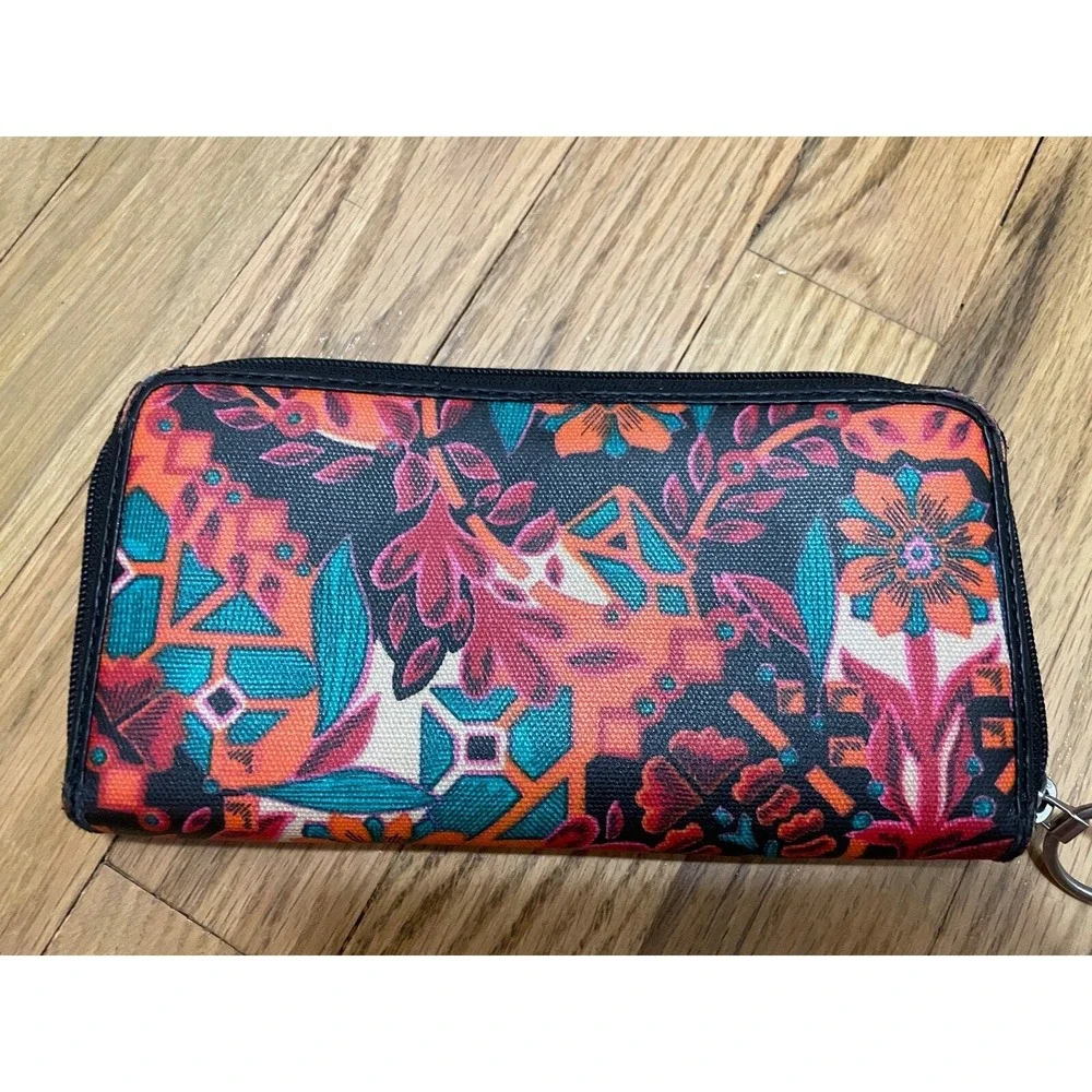 Fossil Floral Wallet Clutch Coated Canvas Orange Pink Teal‎ Black Zip Around